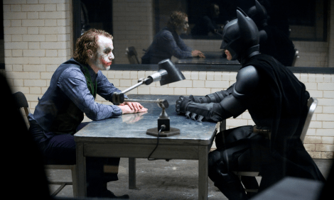 Bale with his late co-star Heath Ledger in one of The Dark Knight's pivotal scenes 